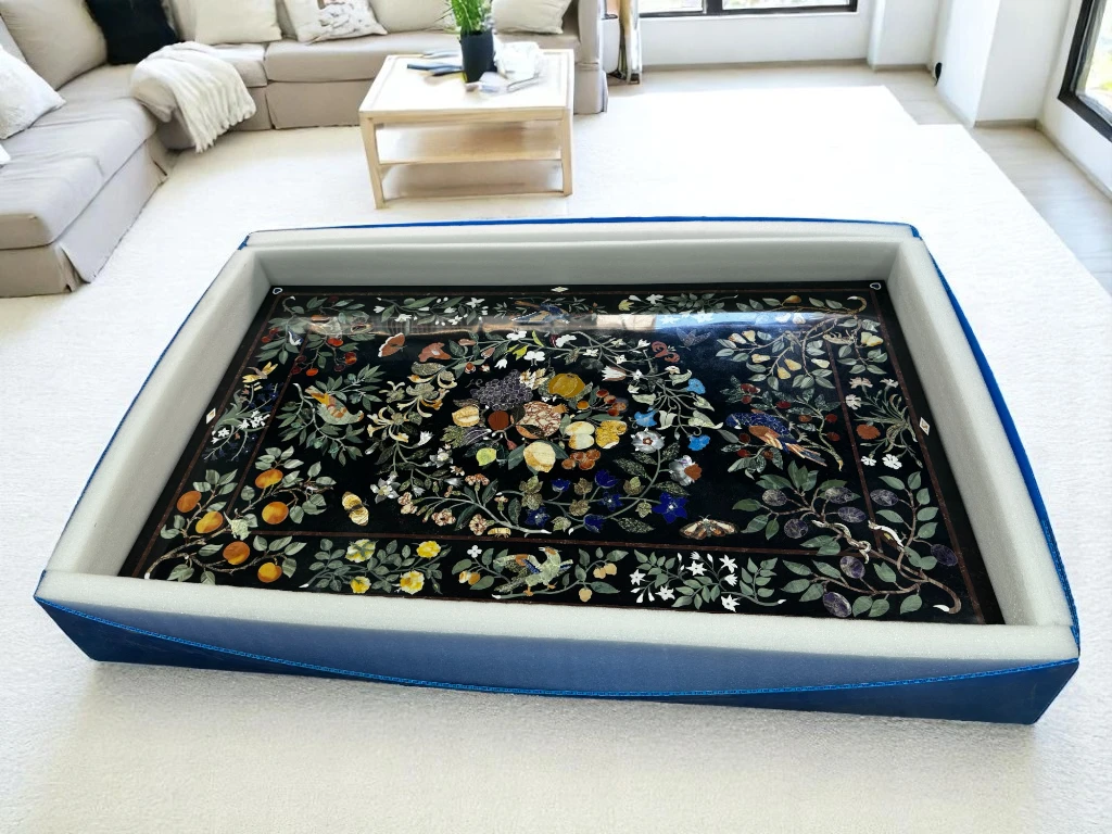 Floral Pietra Dura Black Marble Rectangle Dining Table Top Furniture